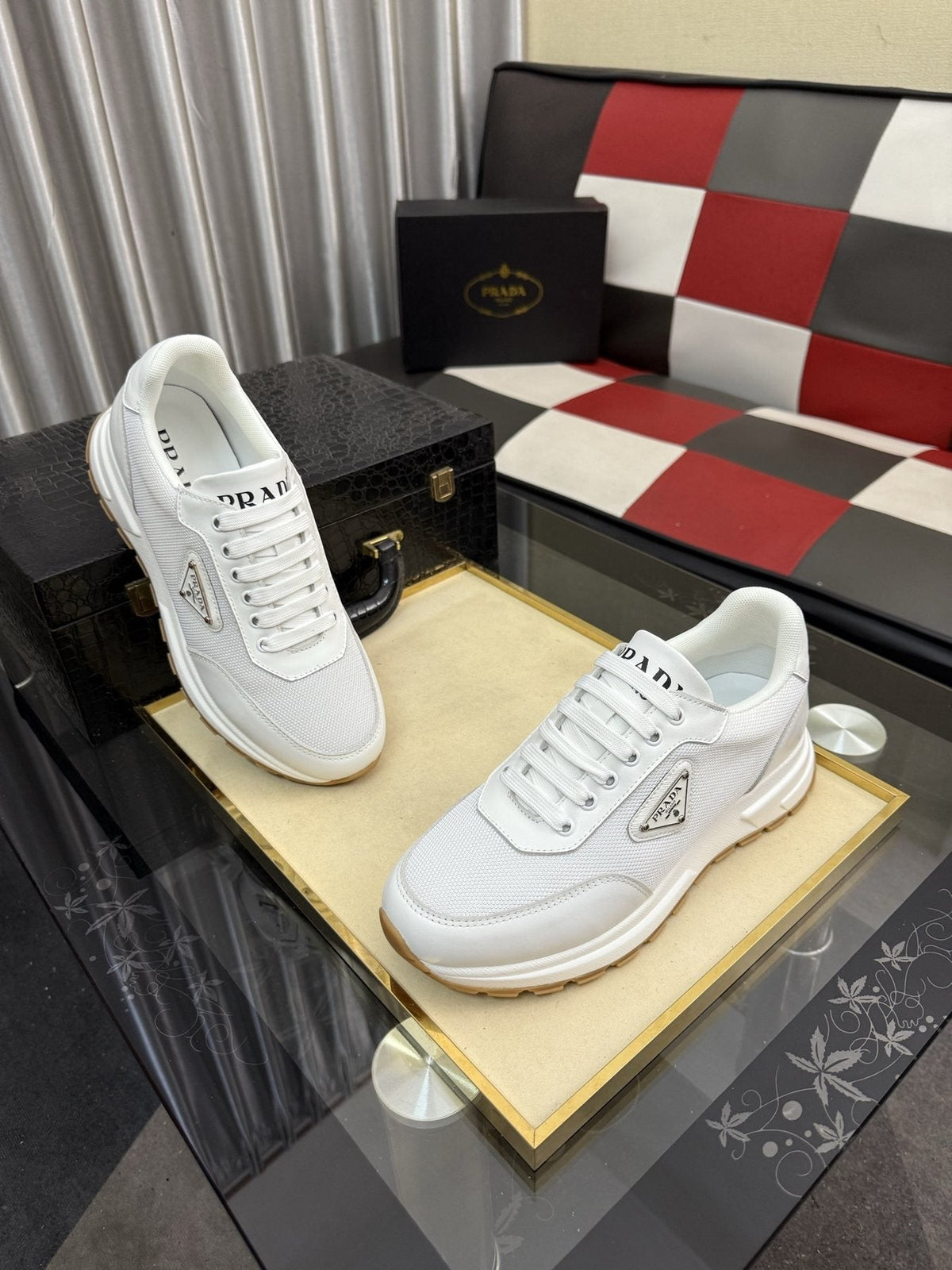 Prada Men's Triangle Plaque Low-Top Sneakers - Rubber Outsole